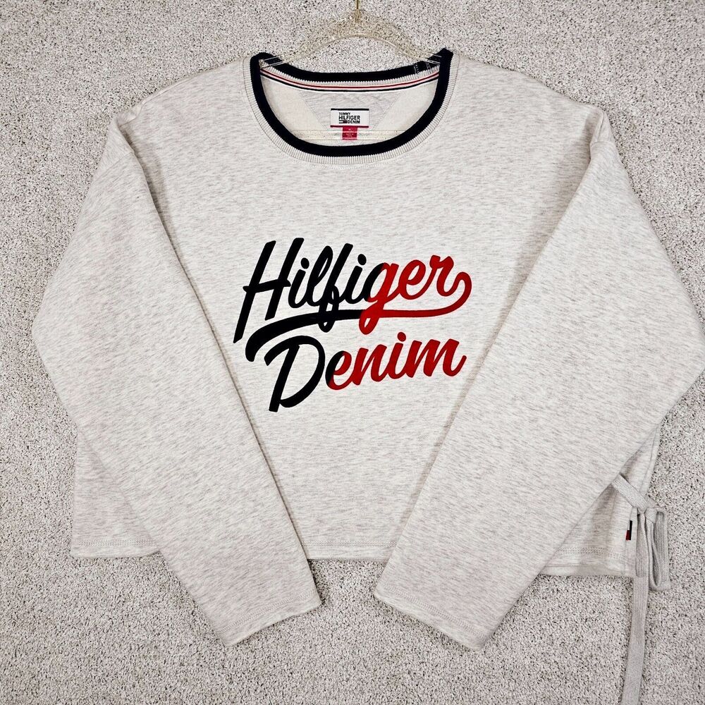 Tommy Hilfiger Denim Sweatshirt w/Side Tie Crop Pullover Women's Size XL